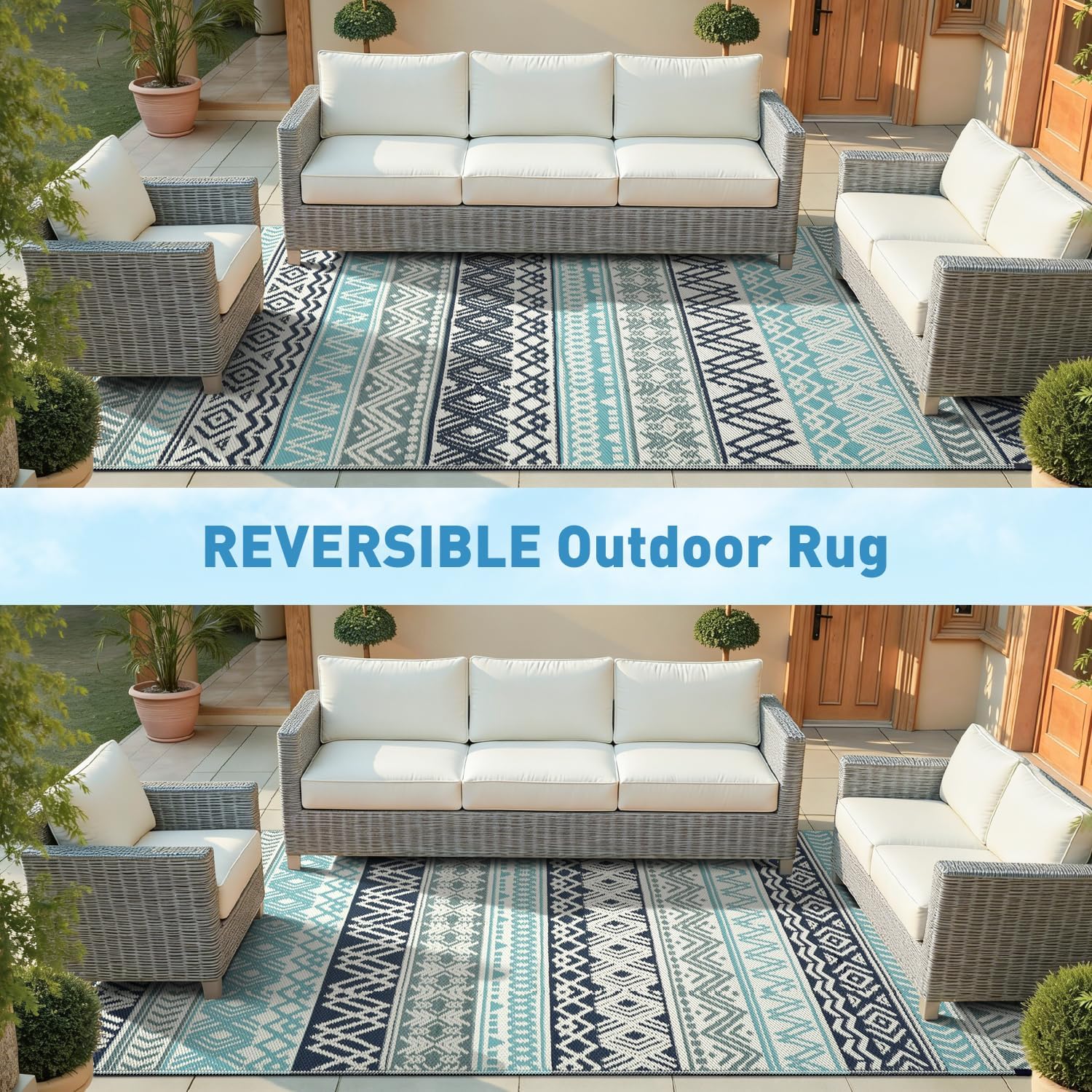 Montvoo Outdoor Rug Carpet Waterproof-Patio Rug Mat 5X8 Reversible Rv Outdoor Camping Rugs Picnic Beach Mats Plastic Straw Outside Rugs For Balcony Porch Pool Deck Boho Patio Decor