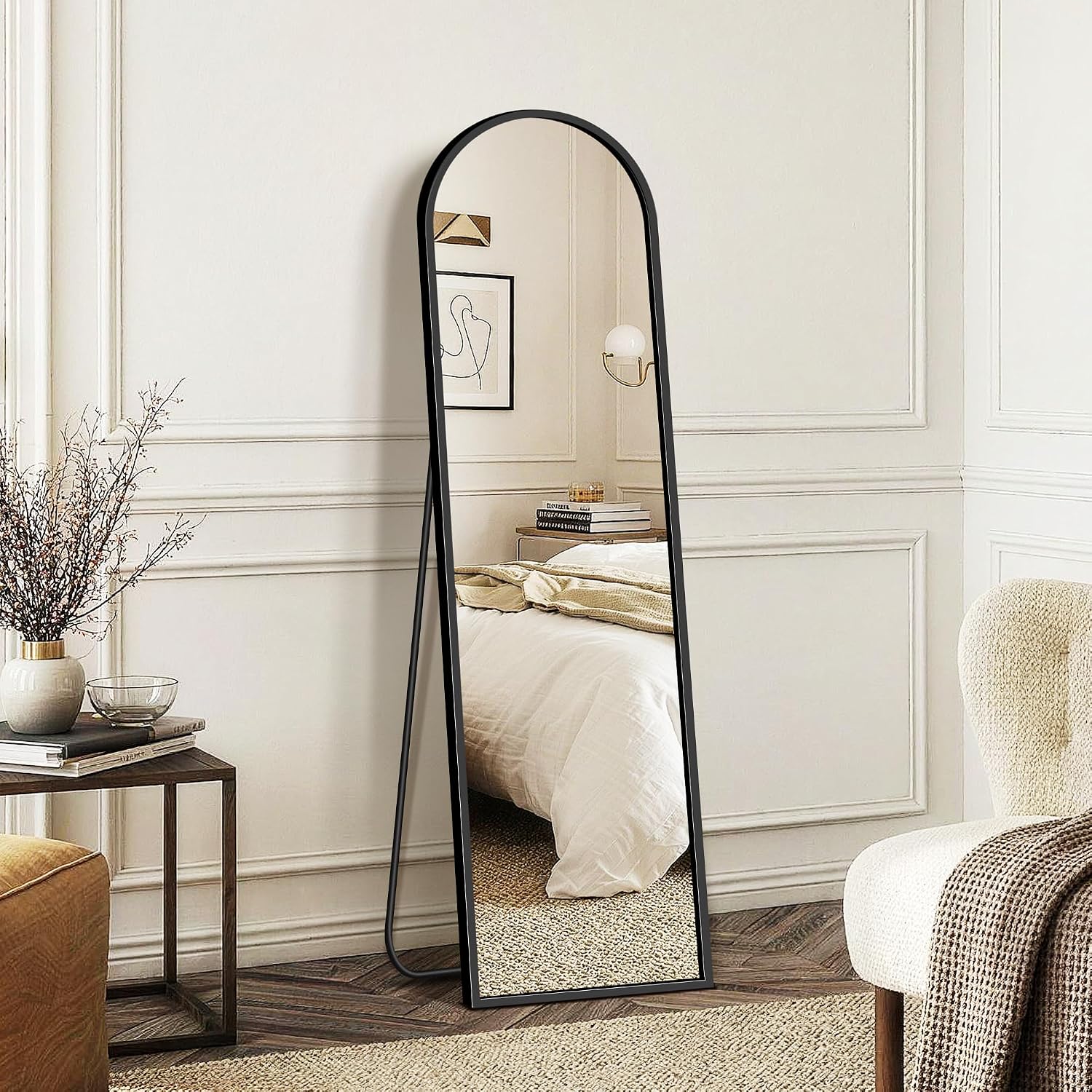 Fictor Arched Full Length Mirror 15" X 56", Full Body Floor Mirror With Adjustable Stand, Free Standing Mirror With Aluminum Frame For Bedroom, Living Room, Cloakroom, Black