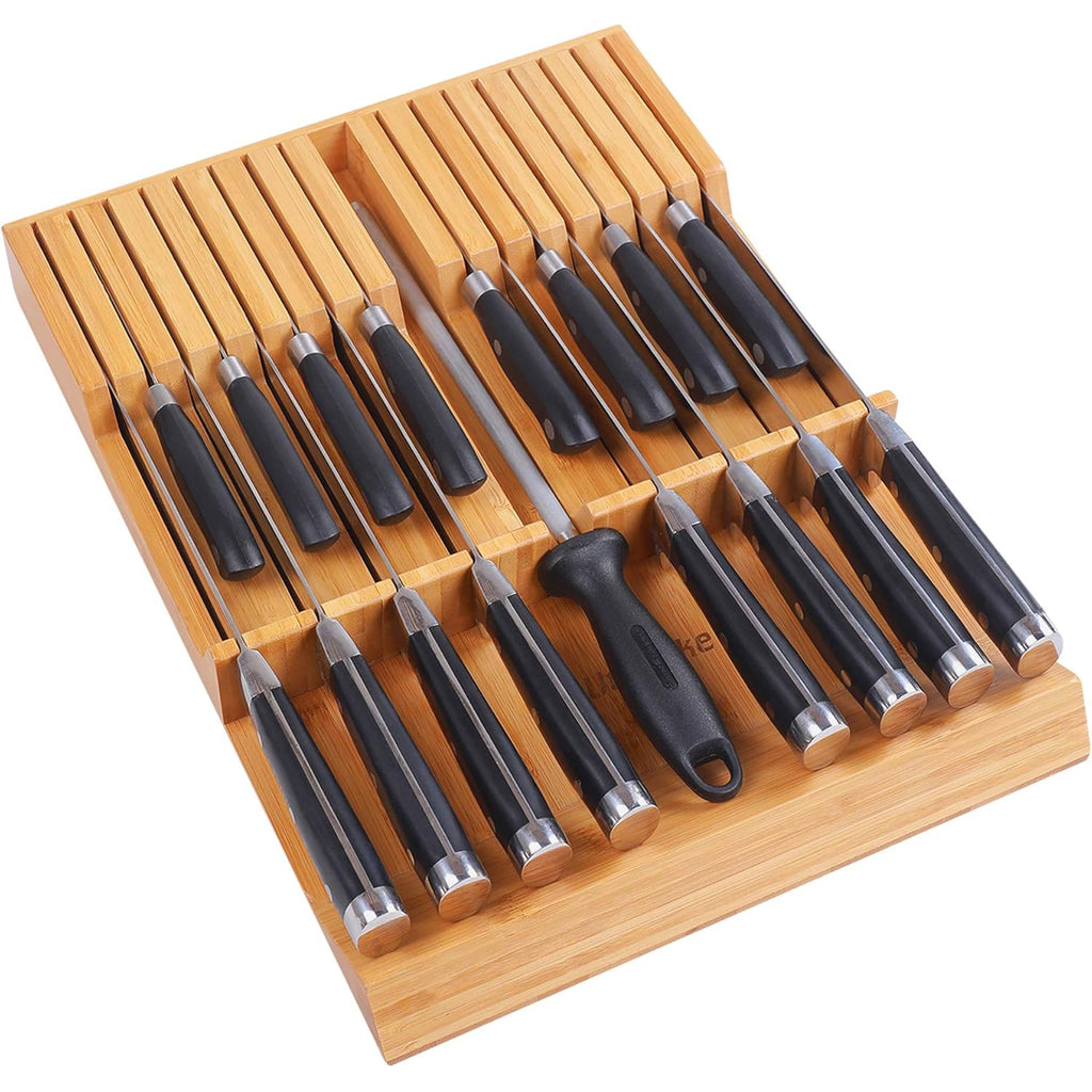 Utoplike In-drawer Knife Block Bamboo Kitchen Knife Drawer Organizer Large, handle Steak knife Holder without Knives, Fit for 16 Knife and 1 Sharpening Steel (Knives & Sharpening Not Included)