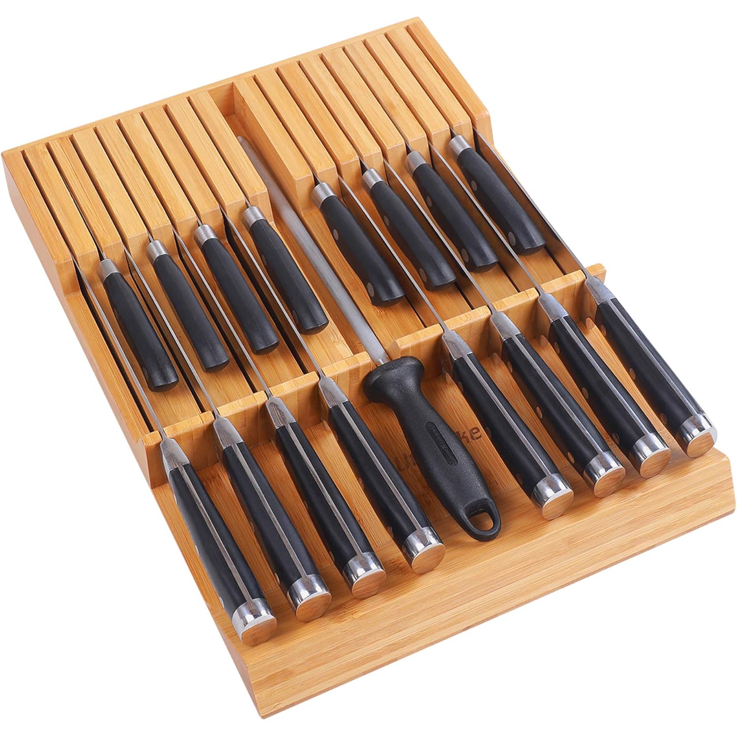 Utoplike In-drawer Knife Block Bamboo Kitchen Knife Drawer Organizer Large, handle Steak knife Holder without Knives, Fit for 16 Knife and 1 Sharpening Steel (Knives & Sharpening Not Included)