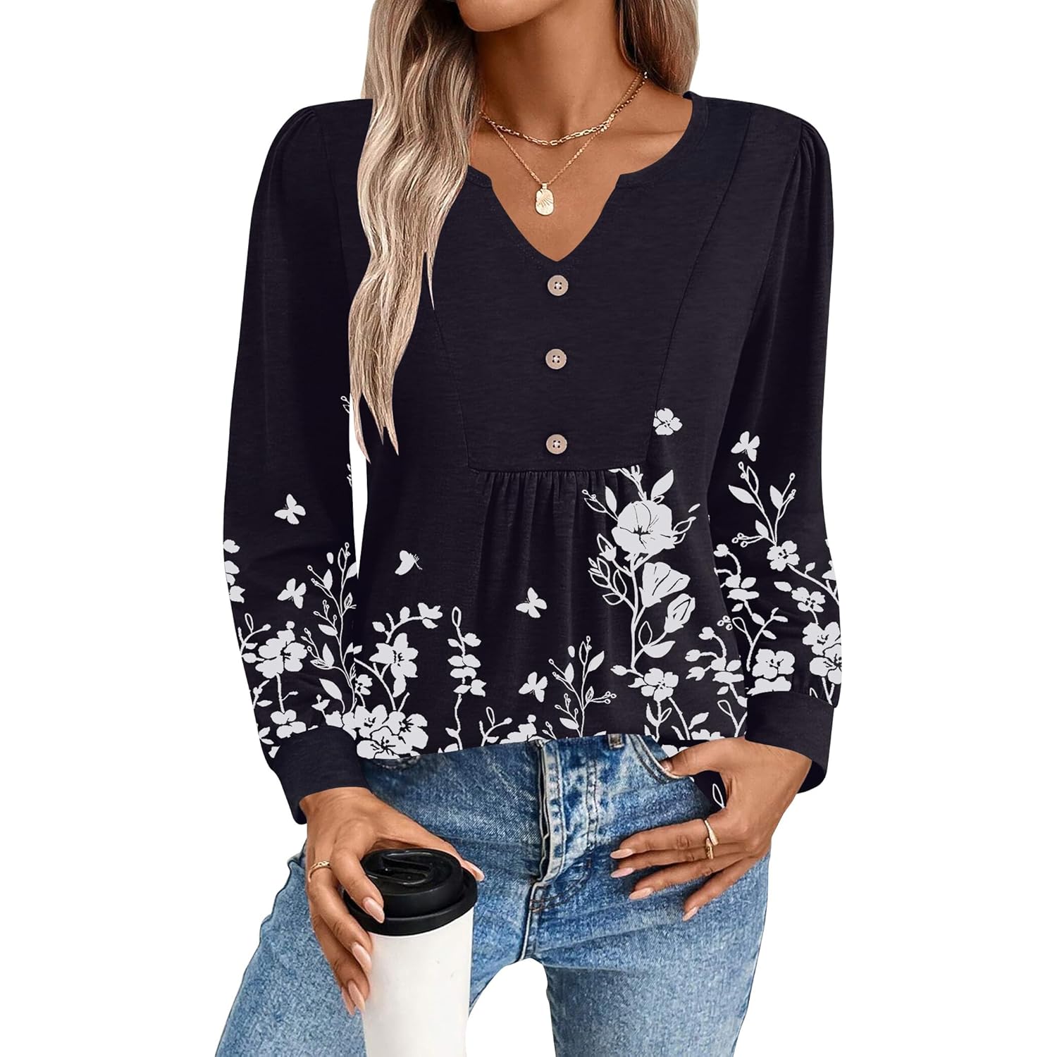 Long Sleeve Shirts for Women 2025 Casual Pleated V Neck Fall Tunic Tops Button Down Blouse Dressy Loose T-Shirts