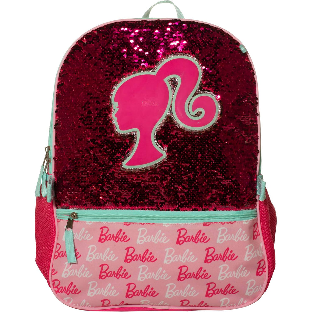 Ai Accessory Innovations Barbie 4 Piece Backpack Set, Sparkle & Shine With This Magic Flip Sequin School Bag For Girls With Zip Front Pocket, Pink