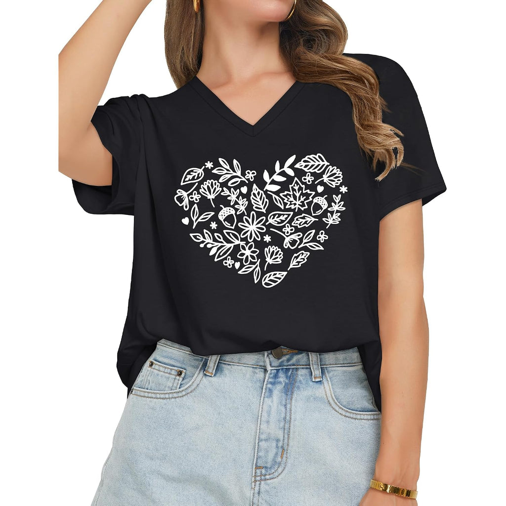 JILUVIN Womens T Shirt Graphic Tees Summer V Neck Short Sleeve Basic Tunic Top 2026 Z-black Heart Pattern