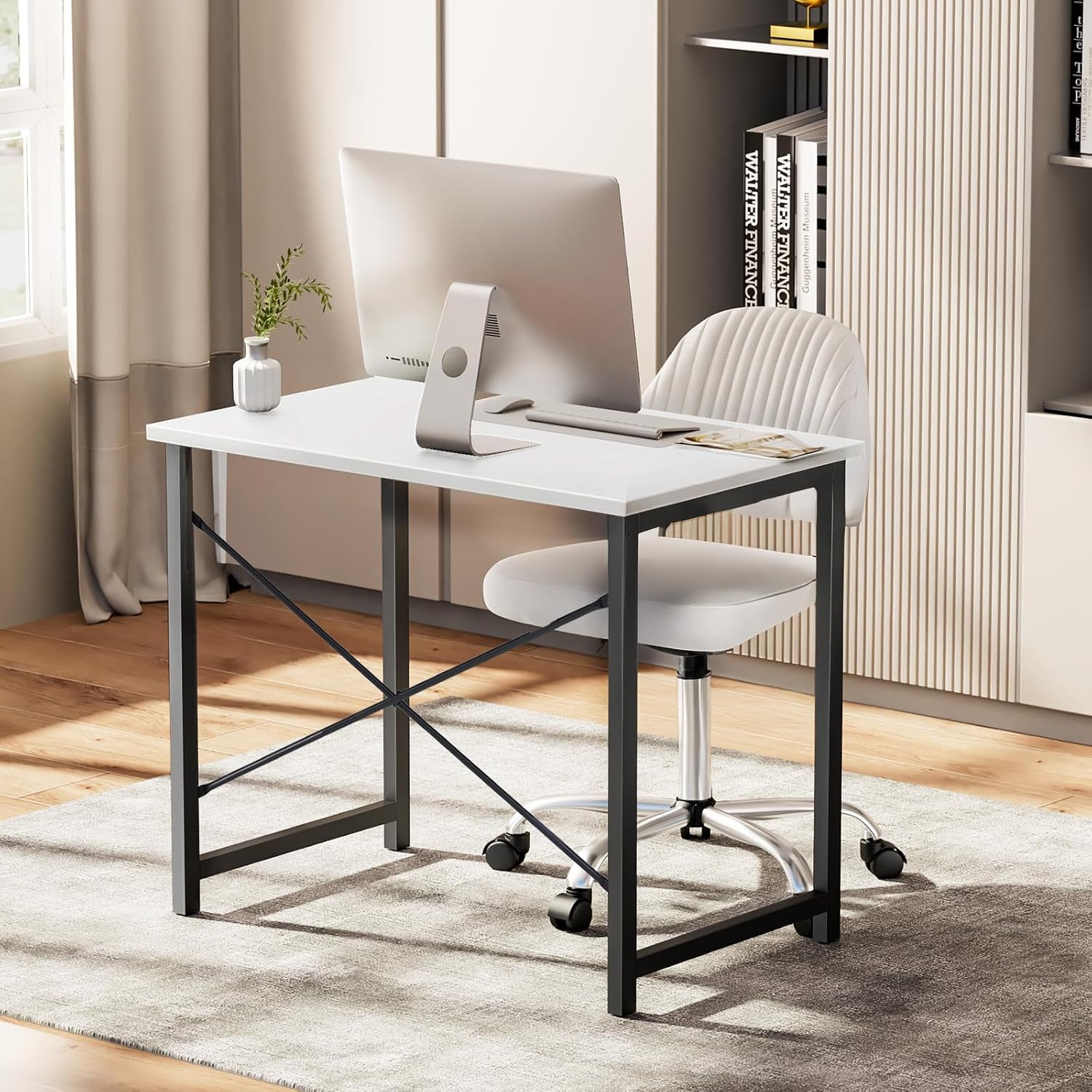 Sweetcrispy 32-Inch Small Computer Desk For Bedroom, Modern White | Gaming Writing Work And Study Desk For Home Office, Sturdy Metal Frame And Compact Modern Design With X-Shaped