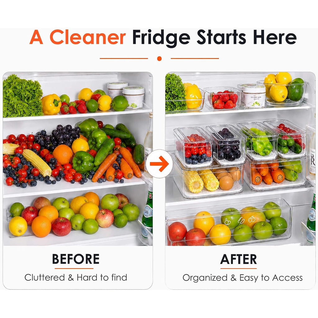 6 Pack Clear Fridge Organizer Bins With Drain Trays - Stackable | Bpa-Free Pet, 6 Pack: 6 Lidded Bins (Not Drawer), Helps Keep Produce Fresh, 14L Capacity, Hand Wash Only