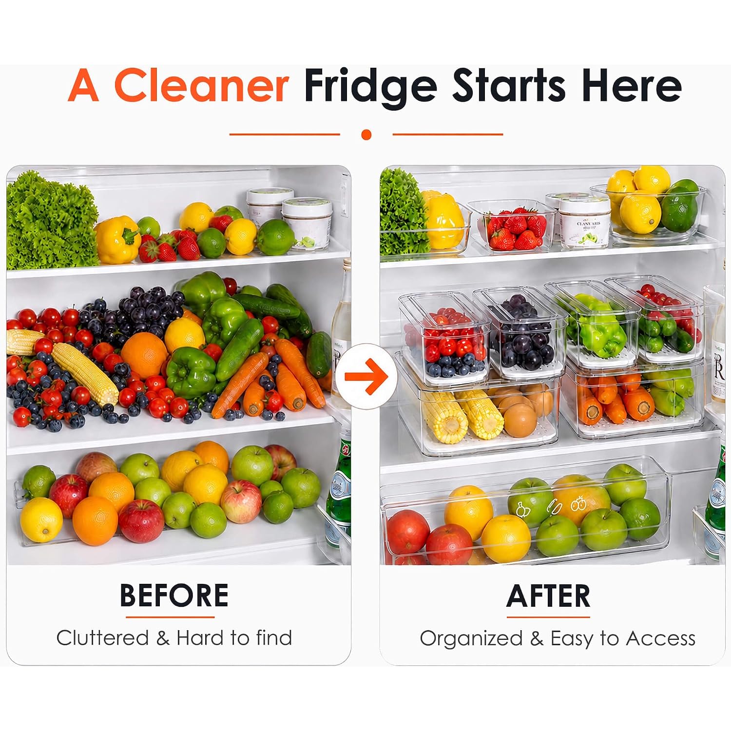 6 Pack Clear Fridge Organizer Bins With Drain Trays - Stackable | Bpa-Free Pet, 6 Pack: 6 Lidded Bins (Not Drawer), Helps Keep Produce Fresh, 14L Capacity, Hand Wash Only