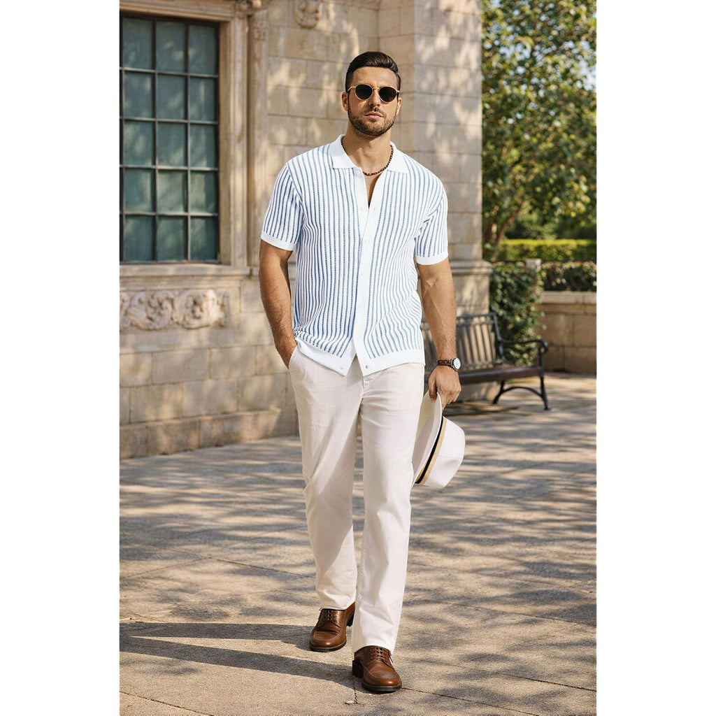 Coofandy Mens Knit Button Down Shirts Short Sleeve Polo Shirt Vintage Striped Casual Shirts