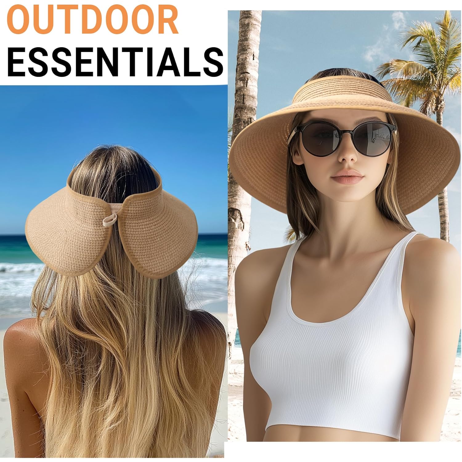 PFFY Sun Visors Hats for Women Wide Brim Straw Visor Packable Foldable Ponytail Travel Beach Hat Vacation Essentials