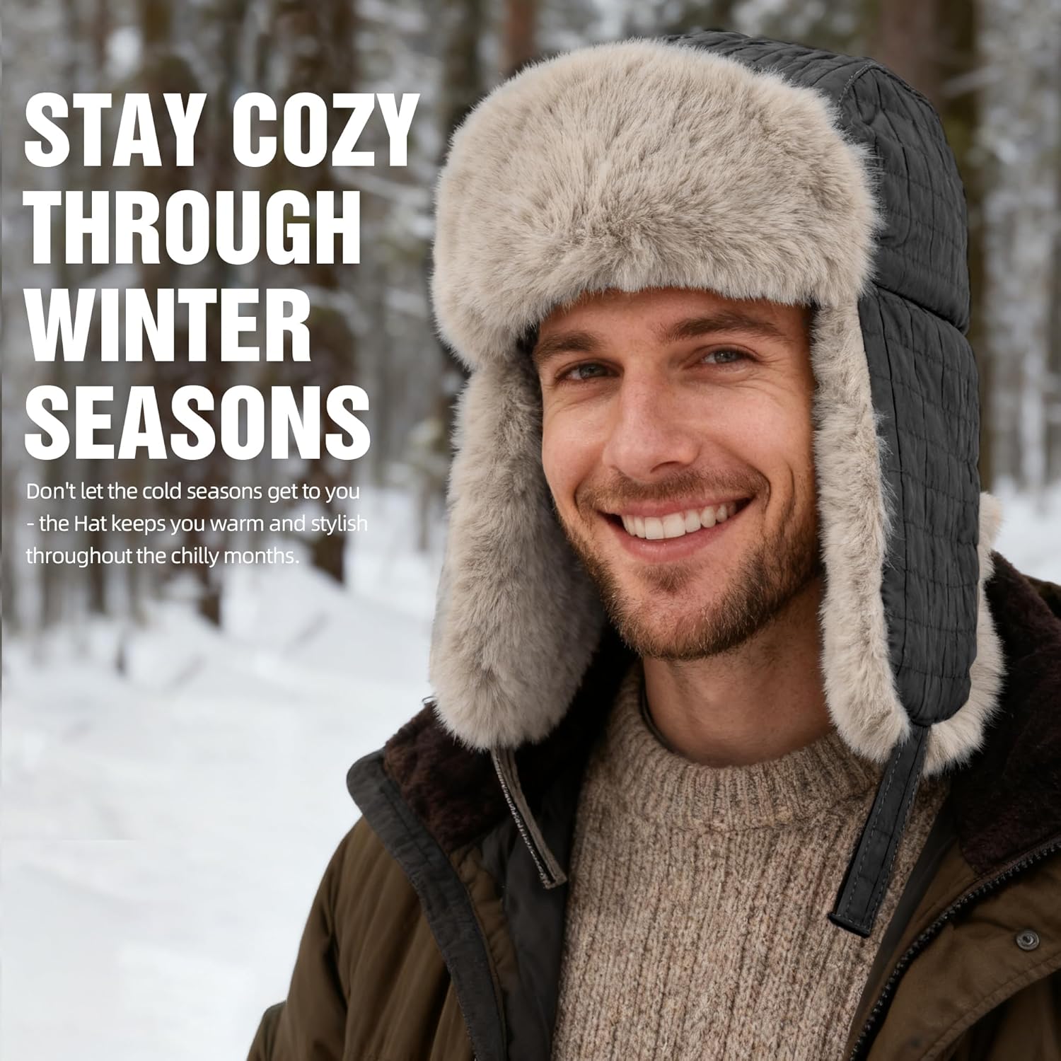 Winter Hat for Men Women Trapper Hat with Ear Flaps, Windproof Russian Trooper Hat for Cold Weather Hunting Skiing