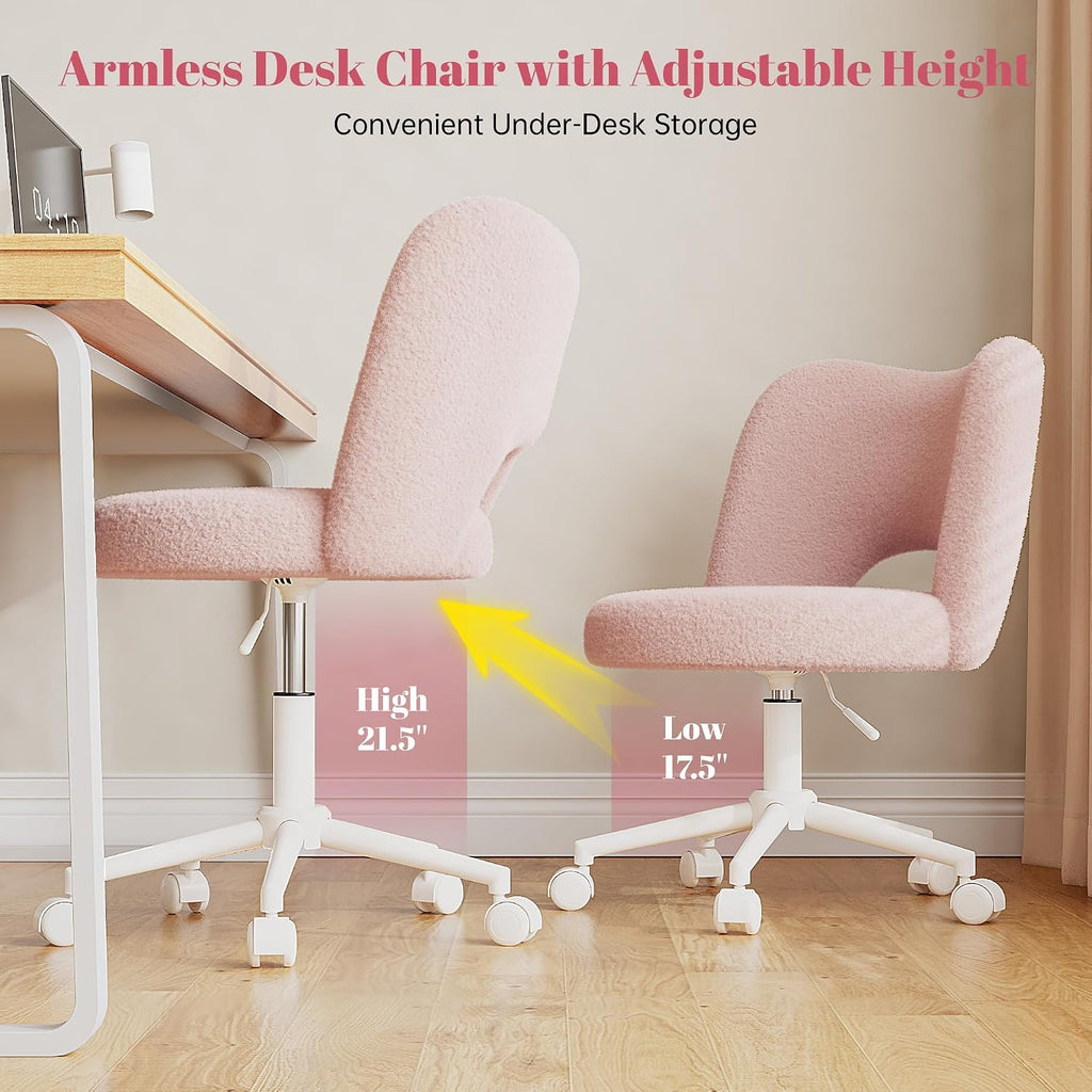 Vanity Chair With Open Back & Wheels,Armless,Pink