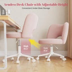 Vanity Chair With Open Back & Wheels,Armless,Pink