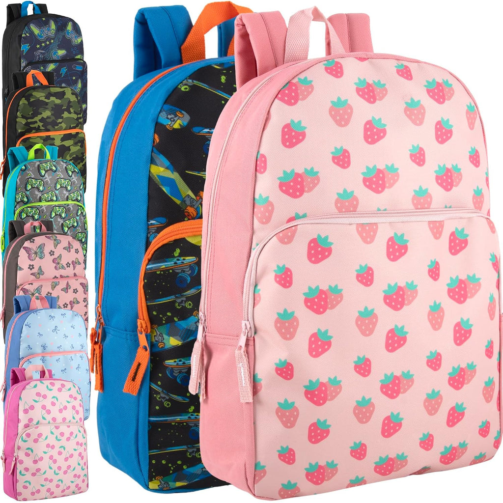 Trail Maker 24 Pack Of 17 Inch Printed Bulk Backpacks For Boys And Girls Wholesale Backpacks In Bulk For School Kids (Fun Mixed Unisex Pack)