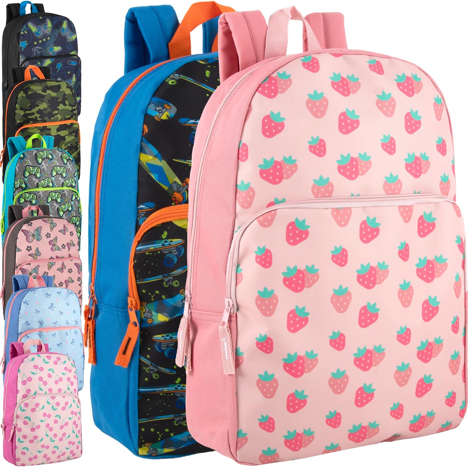 Trail Maker 24 Pack Of 17 Inch Printed Bulk Backpacks For Boys And Girls Wholesale Backpacks In Bulk For School Kids (Fun Mixed Unisex Pack)