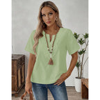 LOMON Womens Short Sleeve Tops Cotton Linen Shirts Loose Casual V Neck Lace Blouses Summer Vacation Clothes