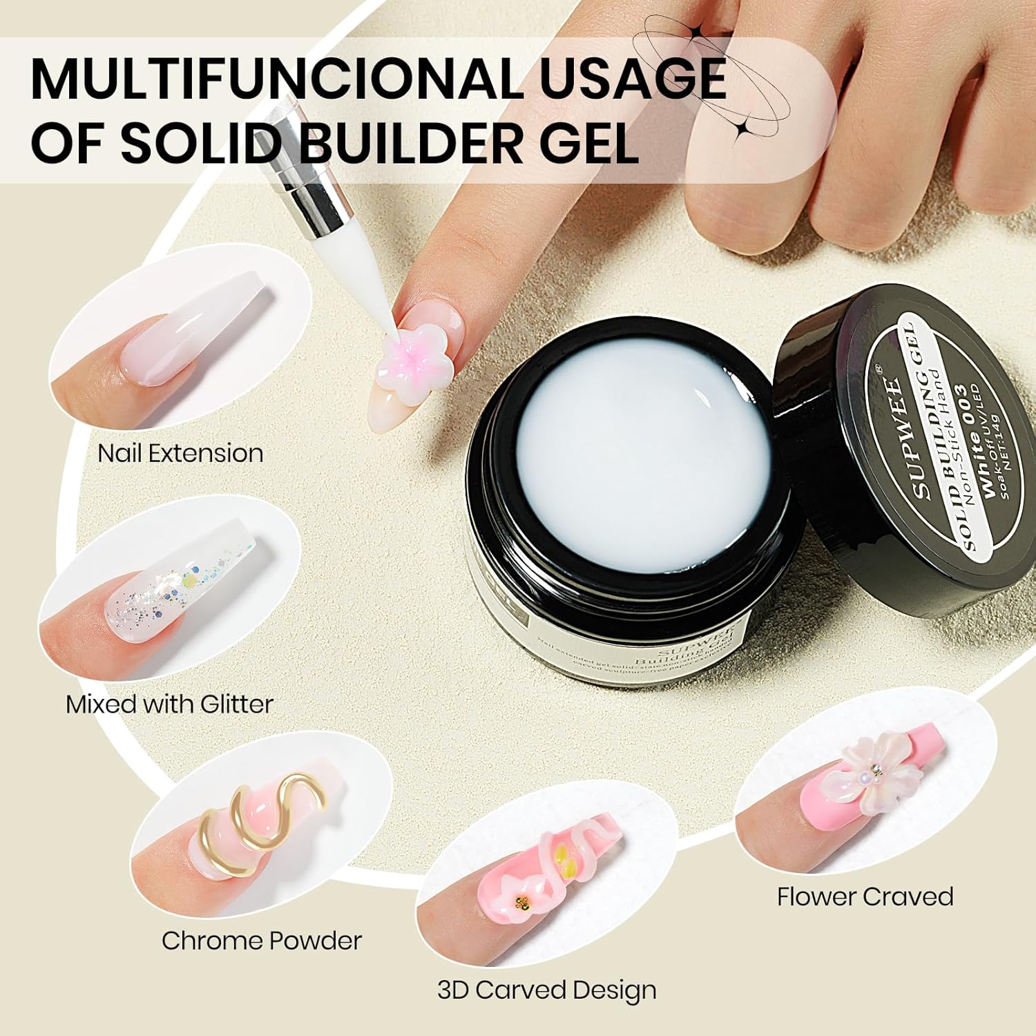 Solid Sculpture Builder Gel, 3D Nail Gel Milky White Non-Stick Hand Nail Extension Gel for Carving Patterns Decoration Nail Art Emboss Hard Gel for Nails Mnicure DIY at Home 14g(0.49 oz)