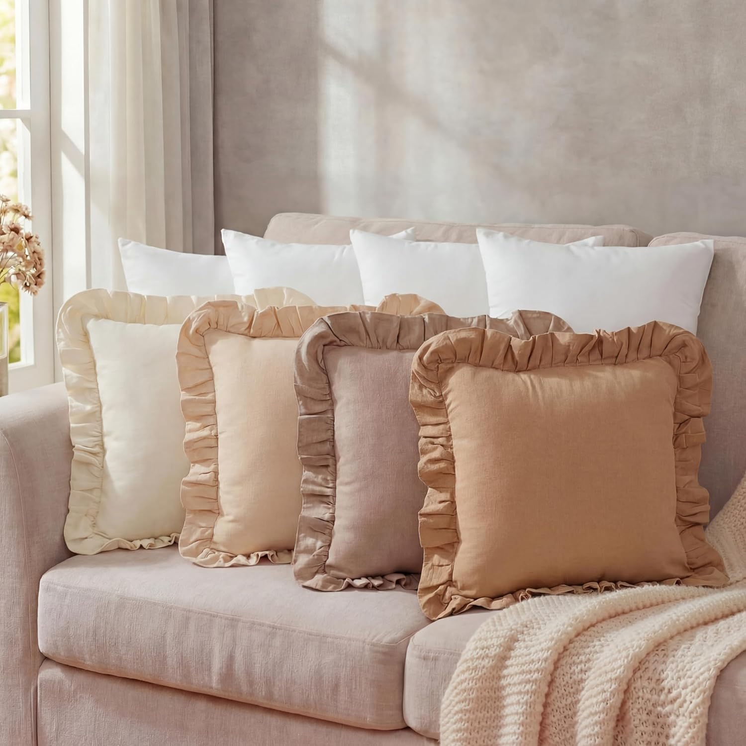 8 Packs Neutral Color Ruffle Pillow Covers with Inserts 18 x 18 Inches Soft Cotton Ruffle Pillowcase Rustic Boho Farmhouse Modern Home Decor for Bed Sofa Living Room Couch