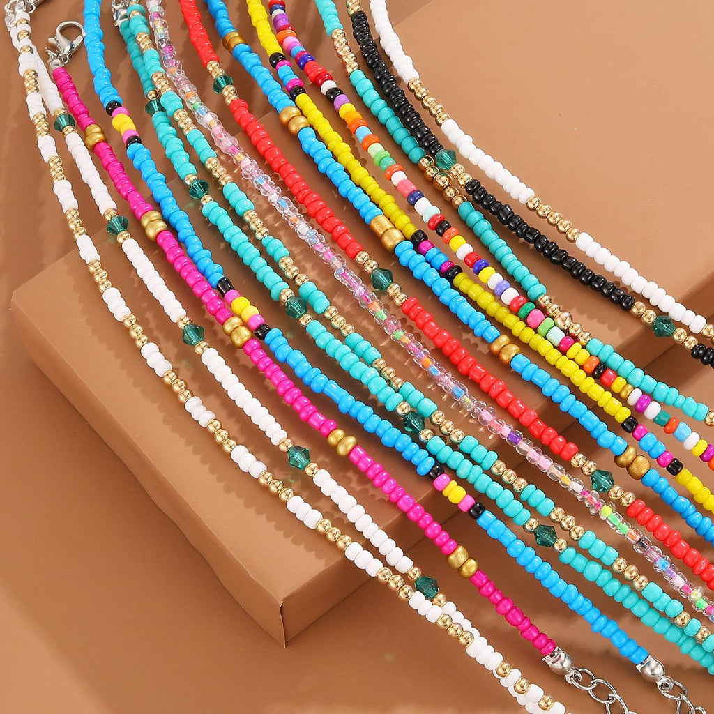 XIJIN 8Pcs Handmade Beaded Anklets for Women Boho Colorful Beads Ankle Bracelets Adjustable Foot Anklet Set