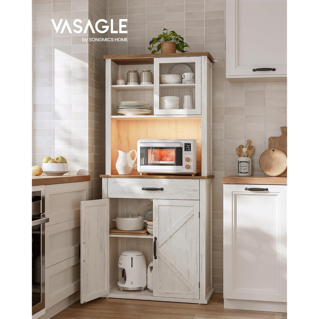 Vasagle Liry Collection - Pantry Cabinet With Lights And Charging Station, Kitchen Storage Cabinet With Doors And Drawer, 15.6 X 31.7 X 71.1 Inches, Farmhouse Style, Rustic White Ubbk363W12V2