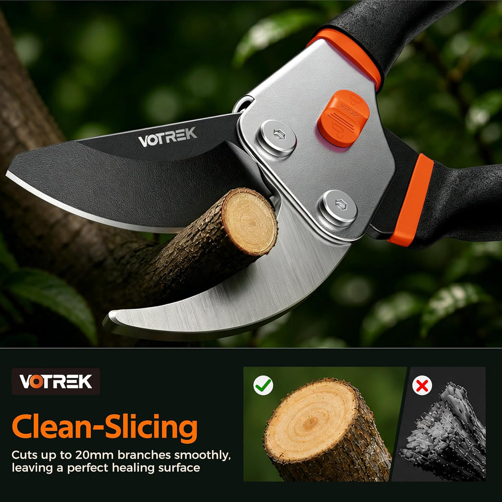 Votrek® Pruning Shears, 8.5” Professional Garden Pruner With Jam-Proof Spring & Ever-Sharp Sk5 Blade, Ergonomic Bypass Clippers For Rose, Tree Trimming, Heavy Duty Bonsai Scissor For Weak Hand
