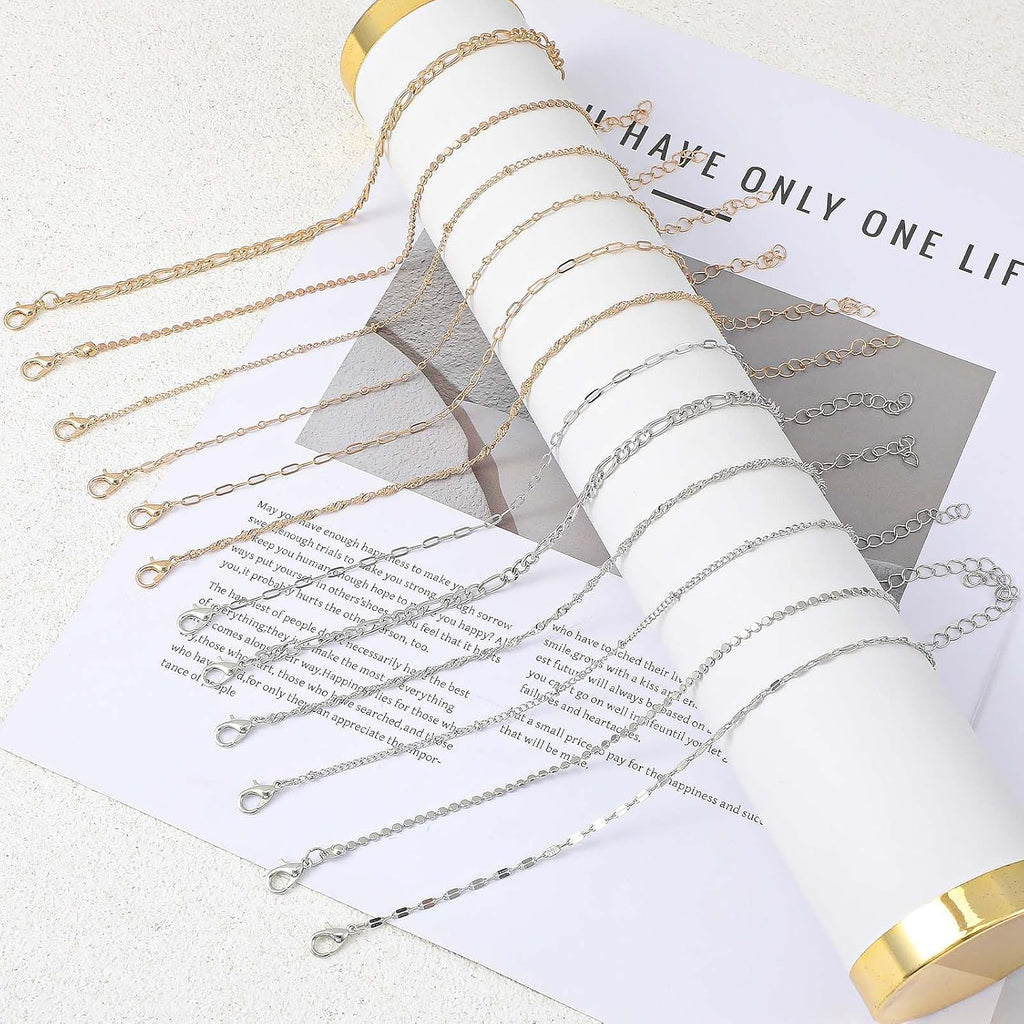 12pcs Gold/Silver Ankle Bracelets for Women Layered Waterproof 14k Cuban Link Chain Anklets Set Adjustable Dainty Summer Beach Gold Accessories Boho Bracelet Jewelry