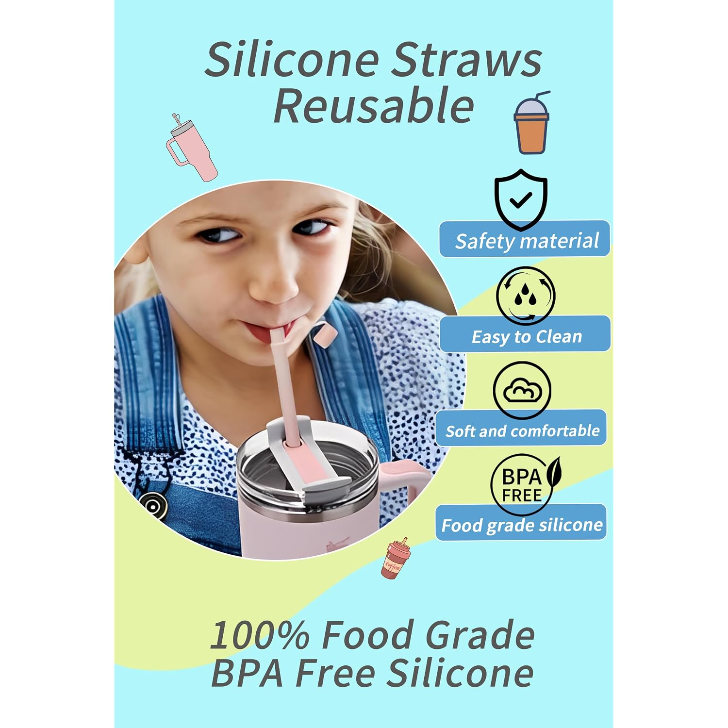 Reusable Replacement 12 Inch Long Silicone Straw With Cover, Stocking Stuffers Gifts For Women Men Teens Girls Boys, Compatible With Stanley Tumbler Cup Accessorie 40 Oz 30 Oz (6 Pack)