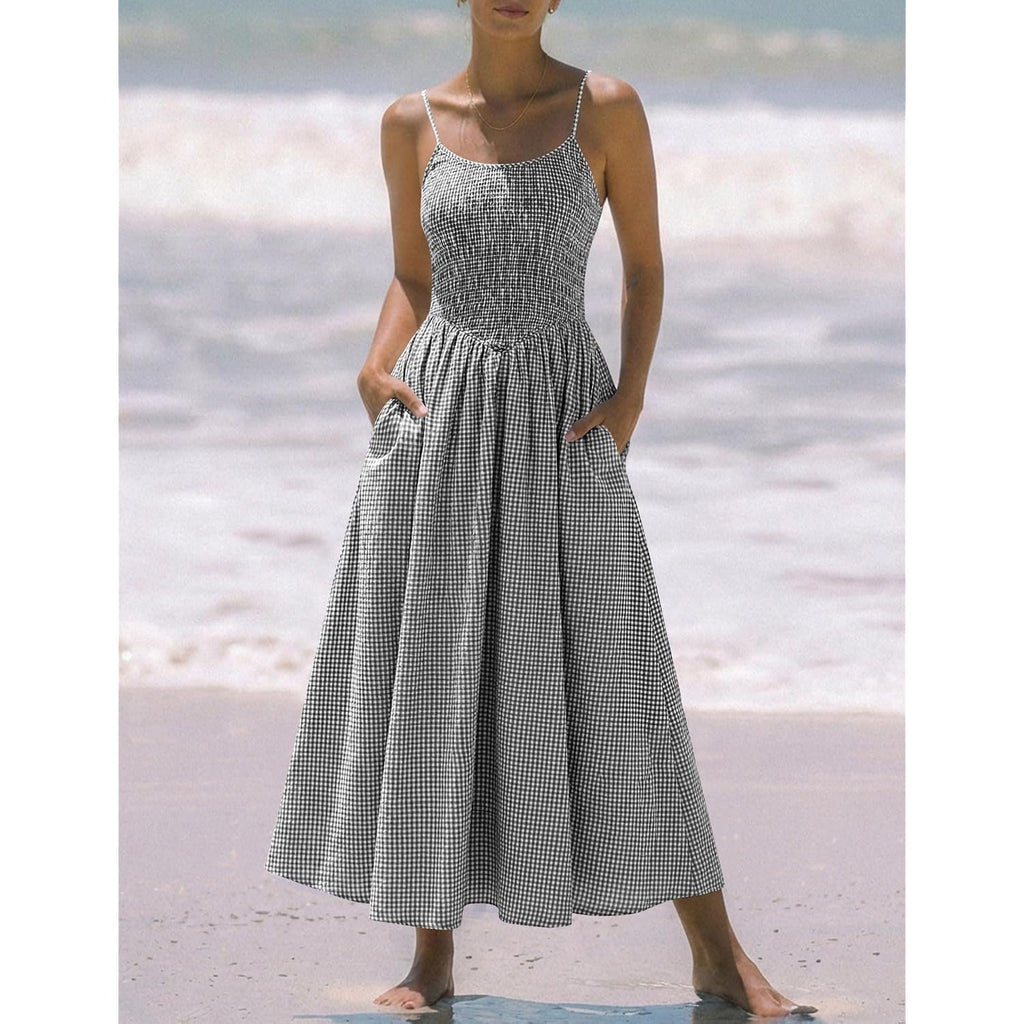 Relipop Women'S Summer Midi Dresses 2026 Casual Plaid Sleeveless Spaghetti Strap Smocked Tiered Beach Sundress & Pockets