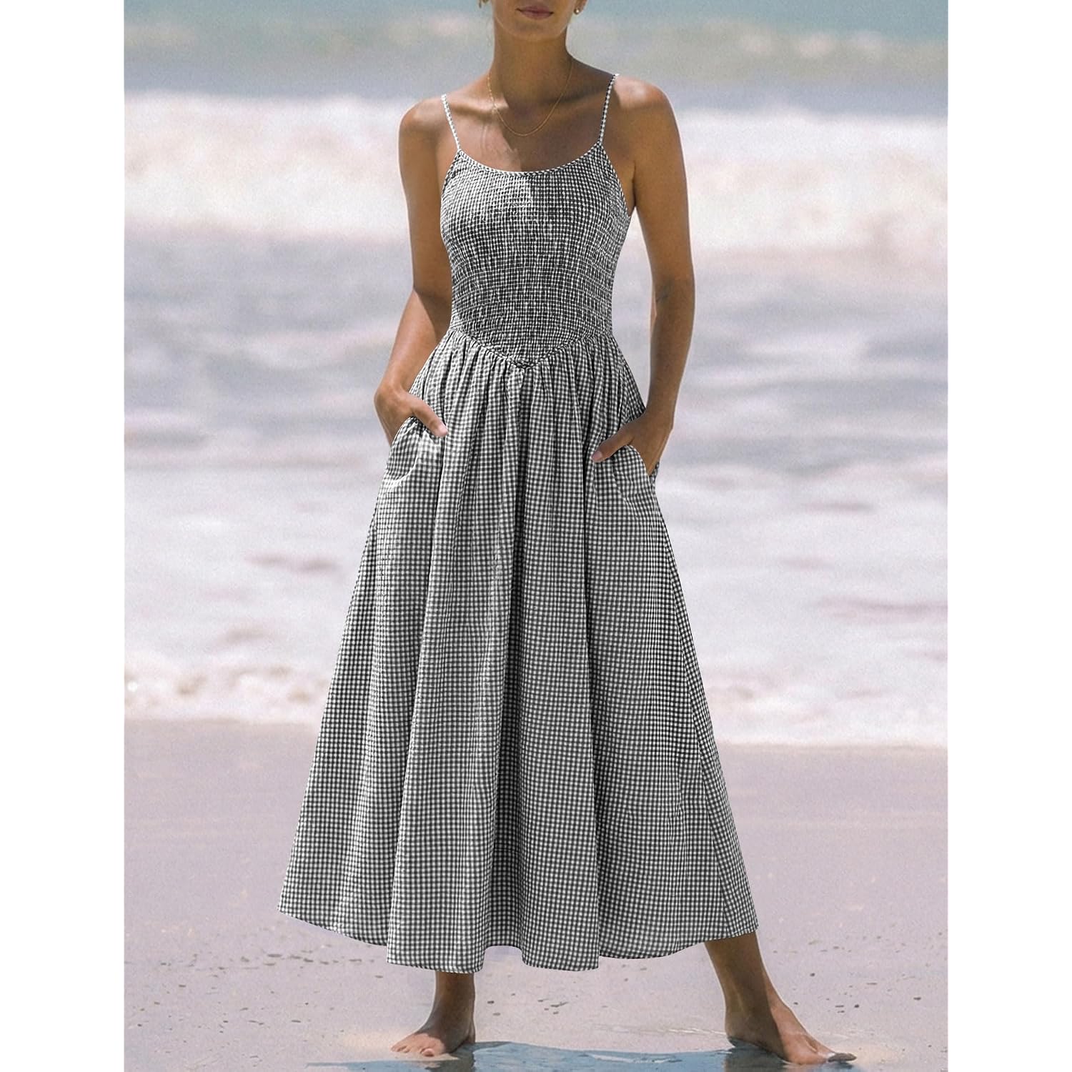 Relipop Women'S Summer Midi Dresses 2026 Casual Plaid Sleeveless Spaghetti Strap Smocked Tiered Beach Sundress & Pockets