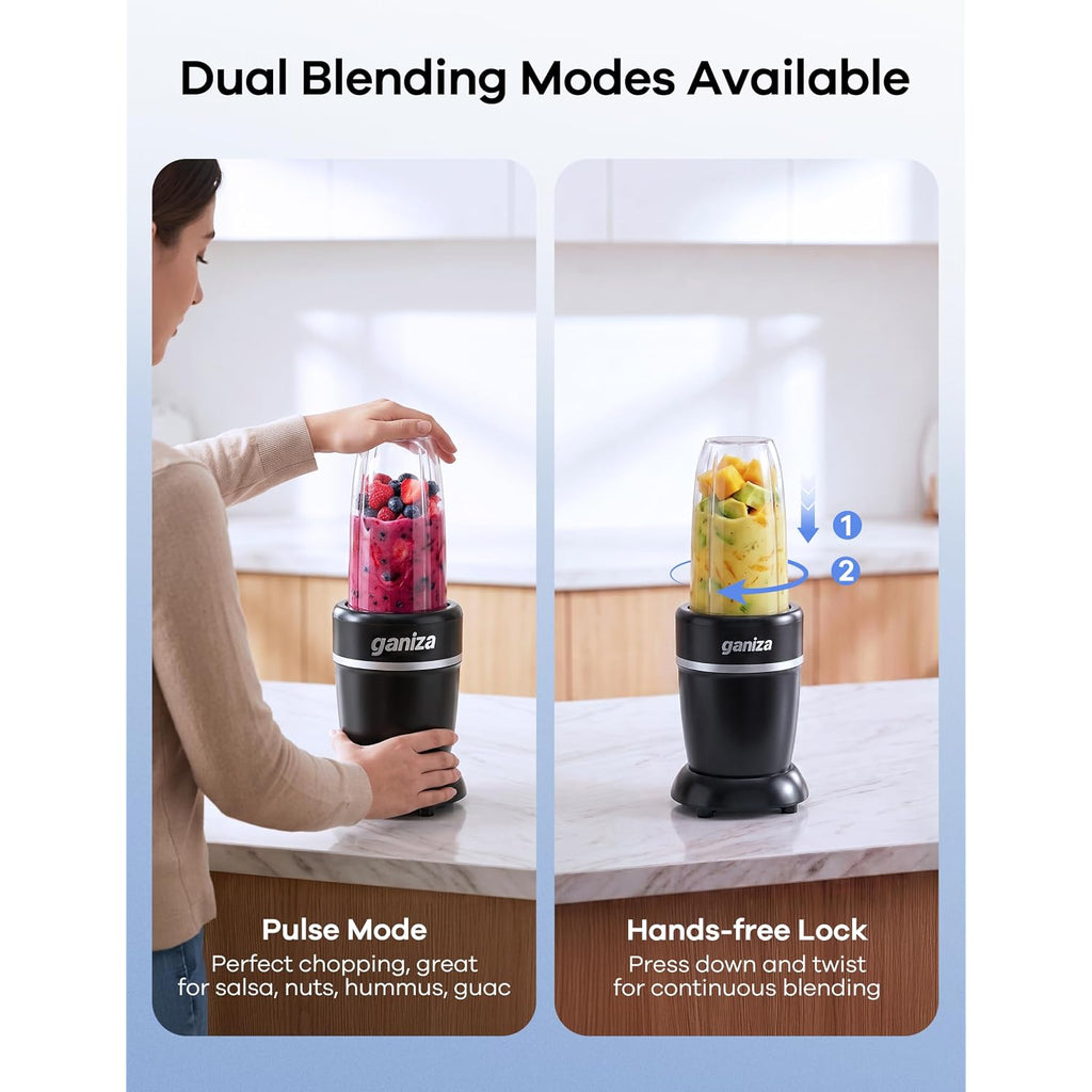 Ganiza Smoothie Blender Max 1300W, Personal Kitchen Blender & Grinder Combo | 23 Oz, (2) 37 Oz To-Go Cups, 6-Leaf Blade, Portable Maker For Smoothies, Shakes, Frozen Drinks, Sauces, Coffee Beans, Nuts