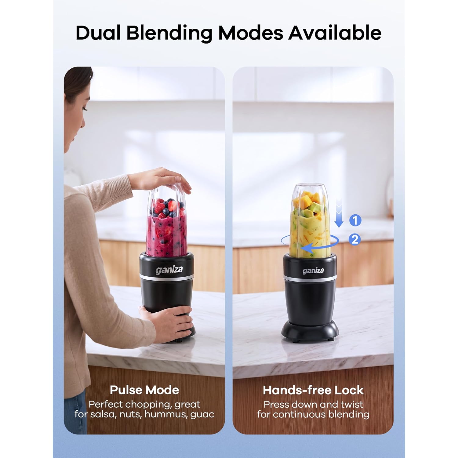 Ganiza Smoothie Blender Max 1300W, Personal Kitchen Blender & Grinder Combo | 23 Oz, (2) 37 Oz To-Go Cups, 6-Leaf Blade, Portable Maker For Smoothies, Shakes, Frozen Drinks, Sauces, Coffee Beans, Nuts