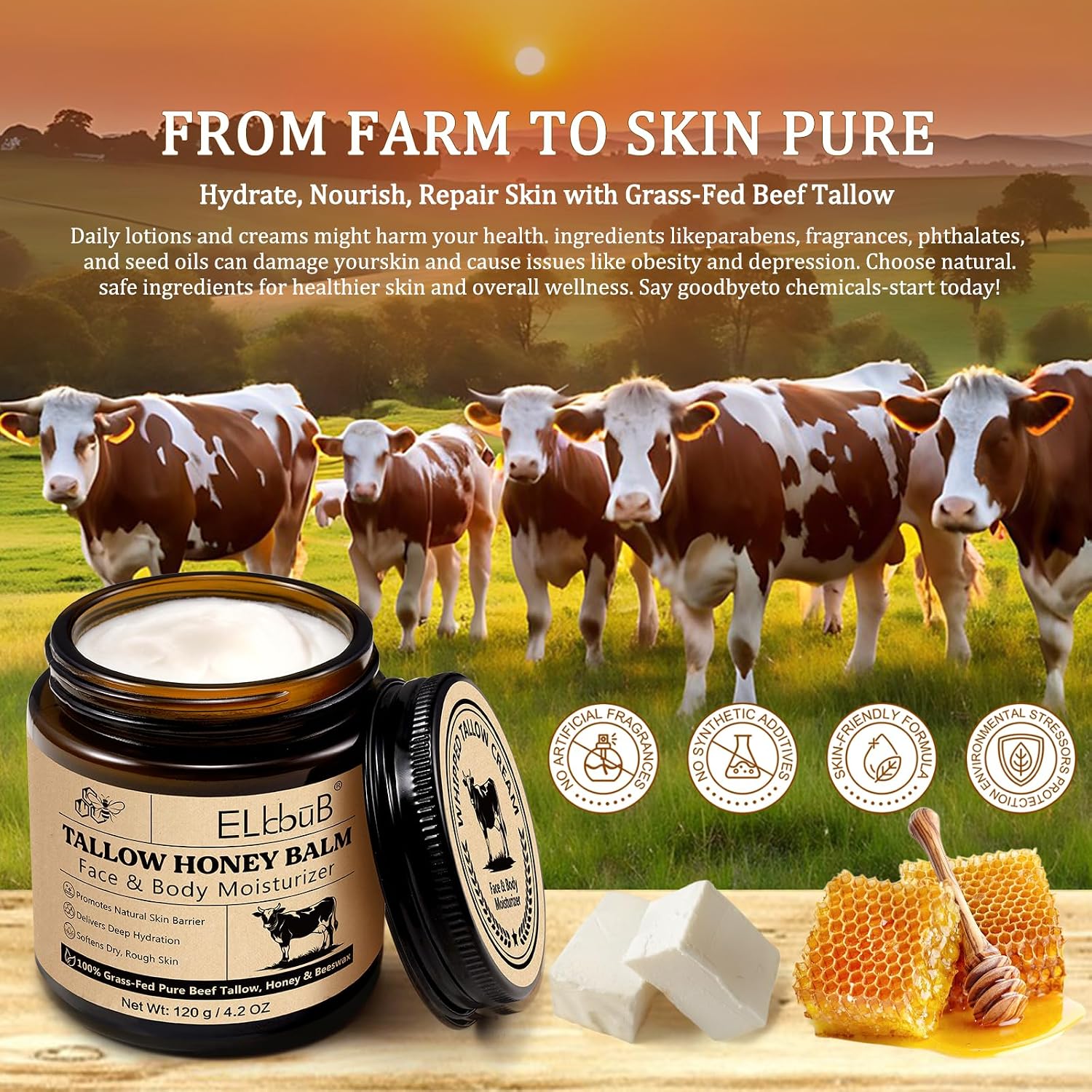 Elbbub Whipped Tallow Cream For Face & Body - 100% Grass-Fed Beef Tallow, Natural Honey & Beeswax Moisturizer, Deep Hydration & Nourishment, Oil-Free & Unscented, Fast Absorbing