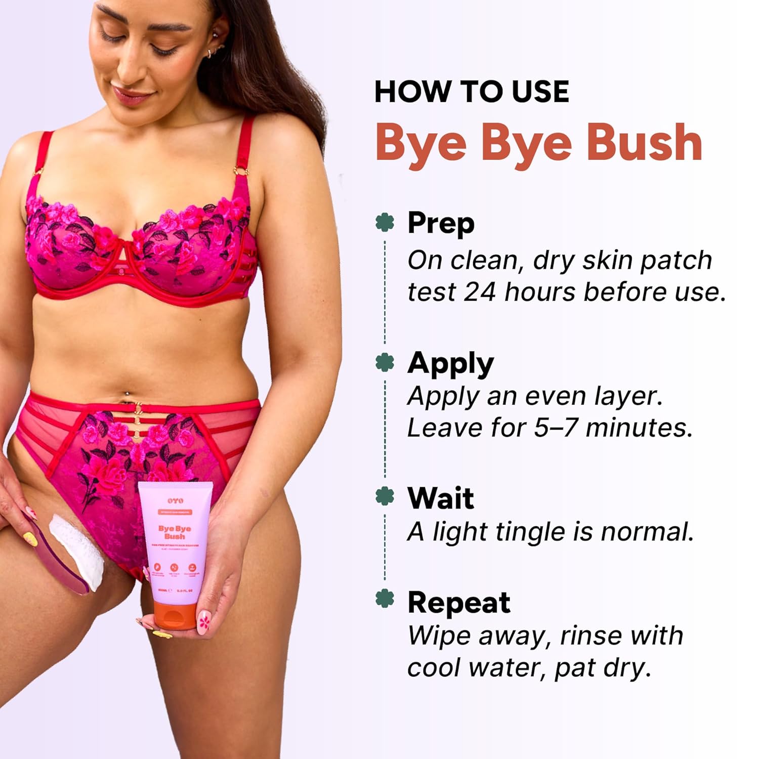 Bye Bye Bush by OYO – Hair Removal Cream for Women Private Area, Bikini Line, Inner Thighs & Armpits, Sensitive Skin Formula, 65% Naturally Derived, Fast Acting Aloe Cucumber – 5 fl oz