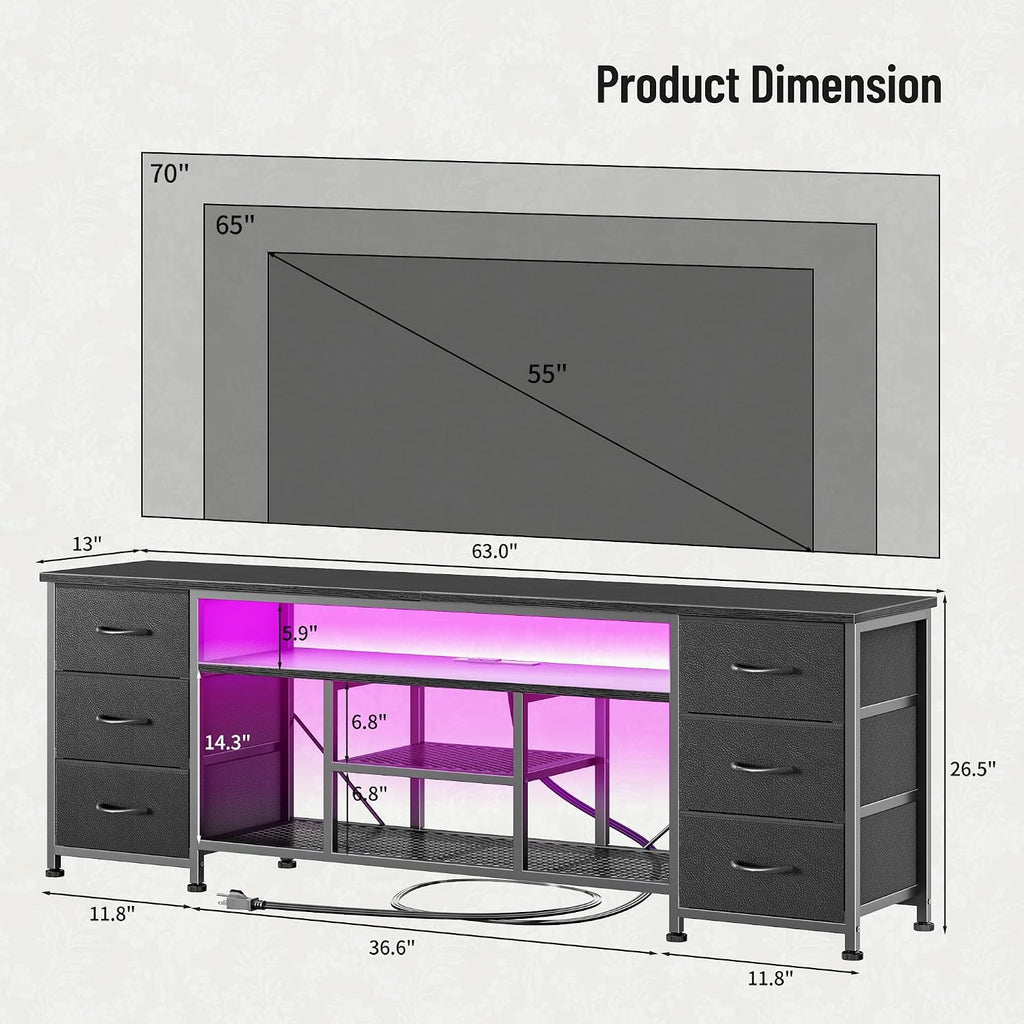 Furologee Led Tv Stand For 65, 70 Inch Tv, 63 Inch Entertainment Center With Power Outlets, 6 Fabric Drawers Dresser For Bedroom, Media Console With Open Shelves, Pu Leather Surface, Black