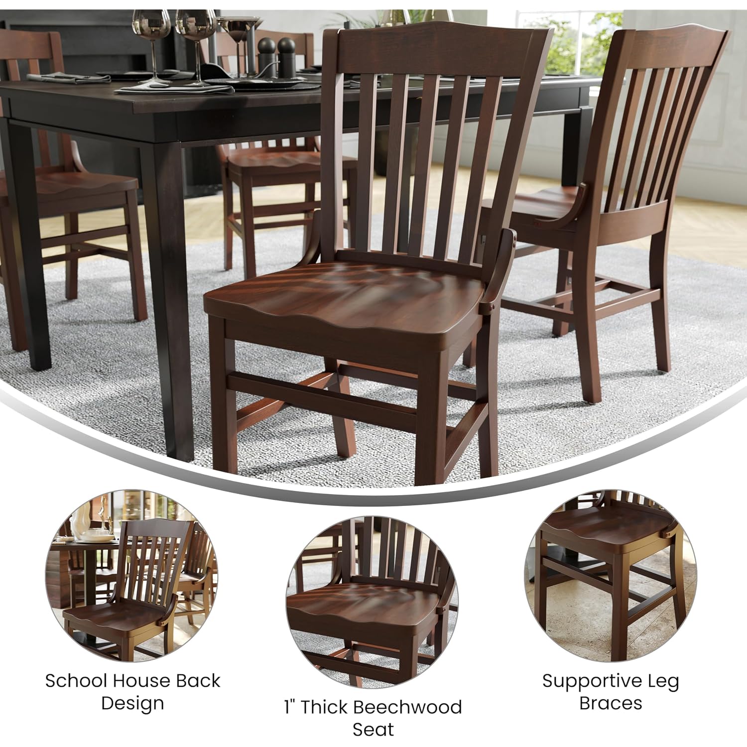 Flash Furniture Hercules Series School House Back Mahogany Wood Dining Chair, Traditional Elegant Wood Restaurant Chair, Walnut Wood