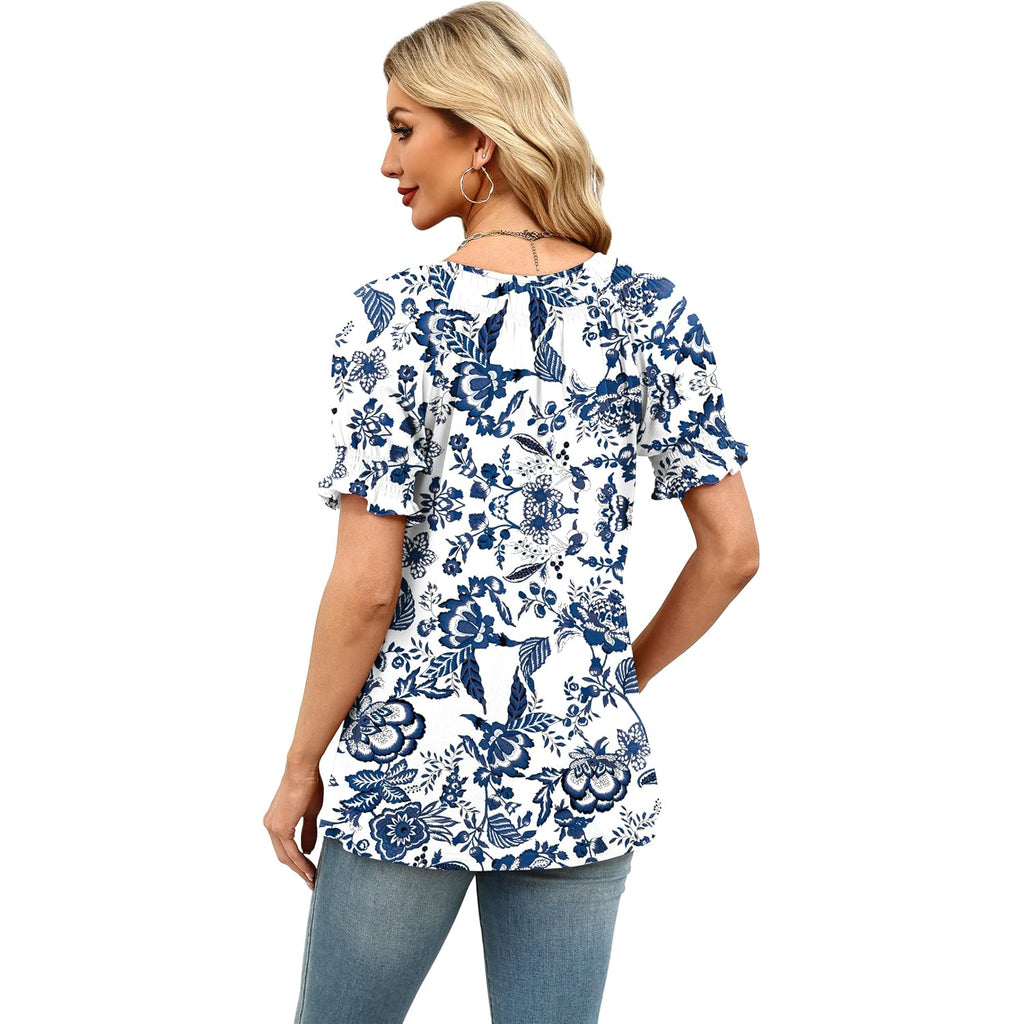 WIHOLL Womens Short Sleeve Square Neck Summer Tops Dressy Casual Blouses Trendy Clothes 2026 B - Blue Floral Print