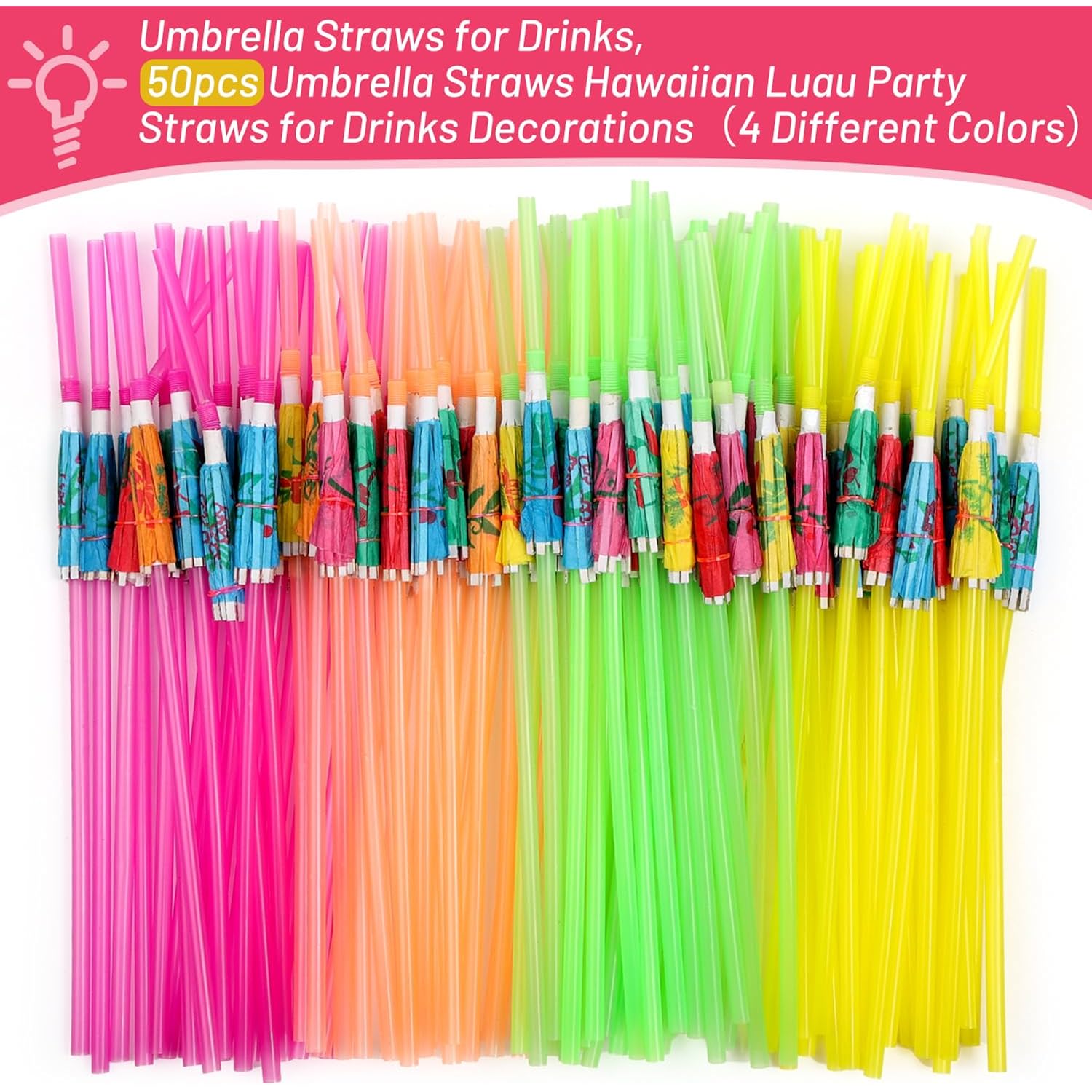 Paxcoo 50Pc Umbrella Straws For Cocktails, Tropical Hawaiian Luau Party Decorations (Assorted Colors)