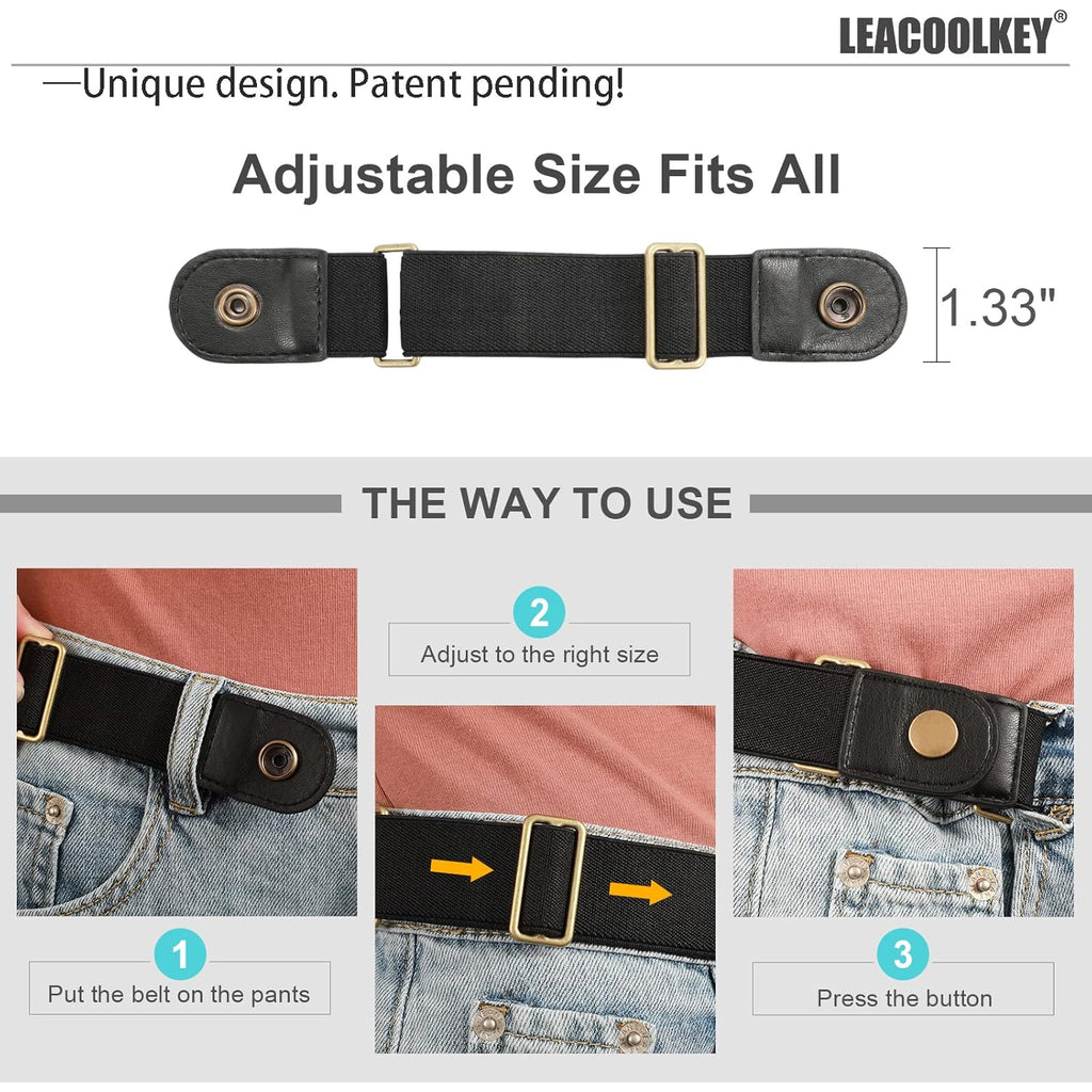 LEACOOLKEY No Buckle Stretch Belt for Women/Men—2 Pack Elastic Invisible Belt for Jeans