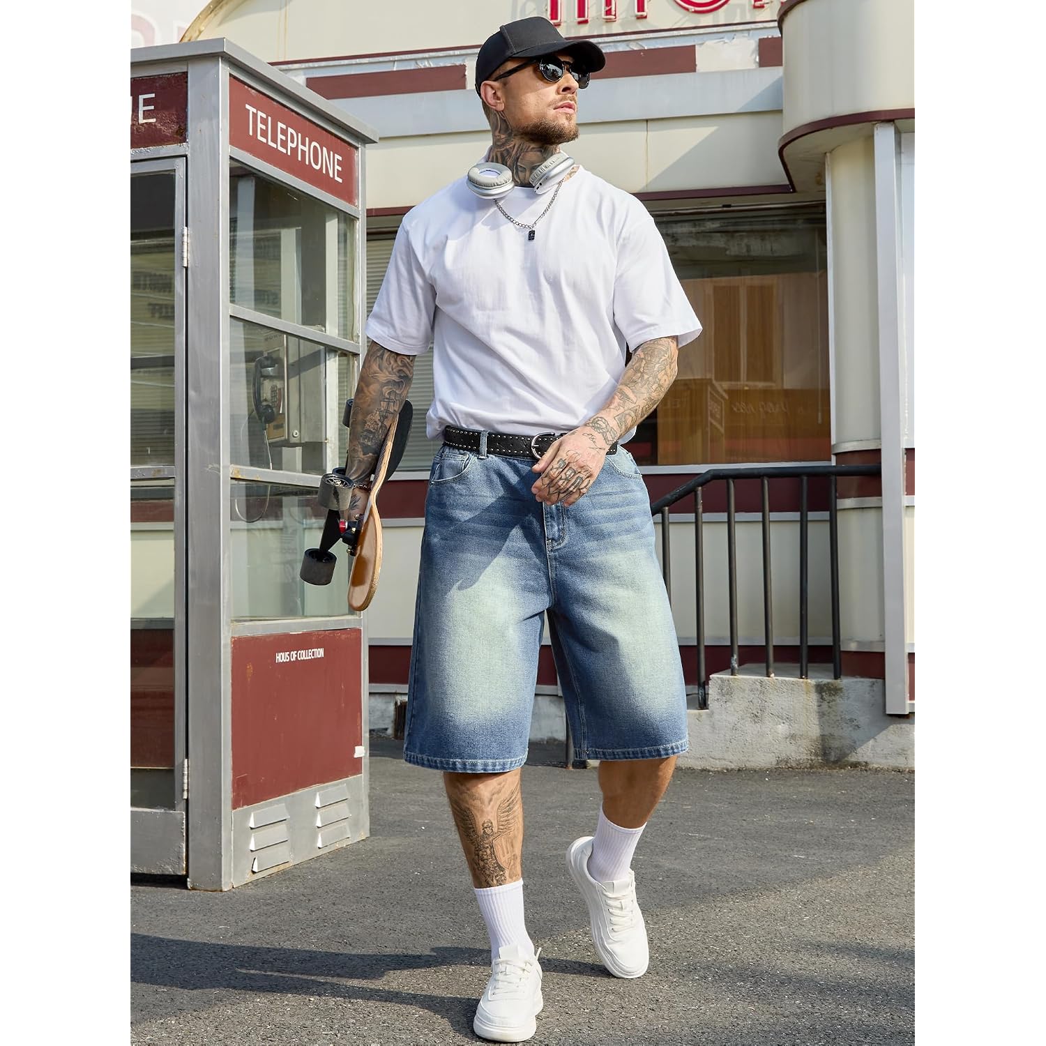 Plepan Mens Super Baggy Jean Shorts 12" Vintage Loose Fit Wide Leg Long Jorts Y2K Streetwear Below Knee Denim Shorts
