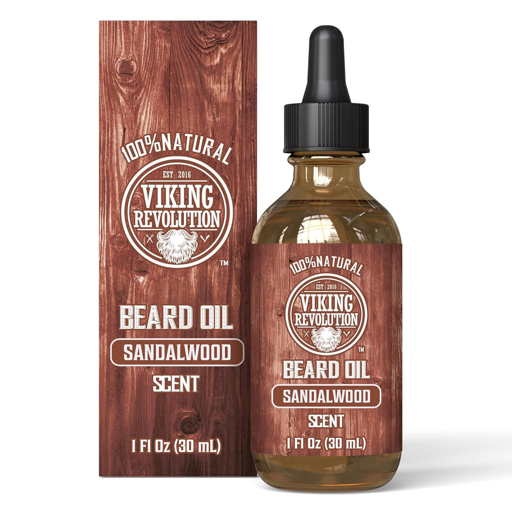 Viking Revolution Beard Oil for Men - Natural Mens Beard Oil with Argan Oil and Jojoba Oil - Beard Softener, Strengthens and Moisturizes - Beard Conditioner for Men (Sandalwood, 1 Pack)