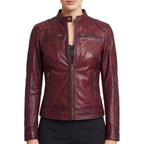 Women’S Real Lambskin Leather Jacket - Moto Cafe Racer Jacket With Zip Pockets & Snap Collar