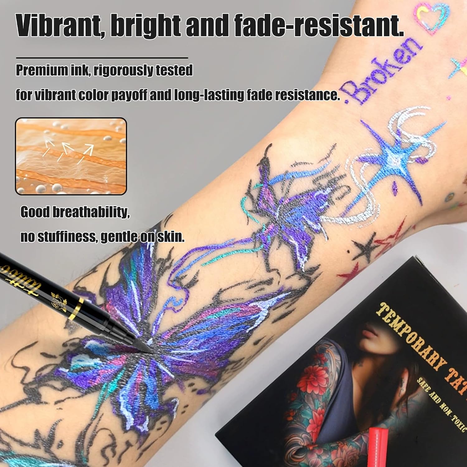 10 Colors Metallic Body Paint Markers , Temporary Tattoo Markers With 4 Stencil Sheets, Waterproof Quick Dry Washable Skin Safe Face Paint Pens, For Halloween, Easter, Christmas & Festivals