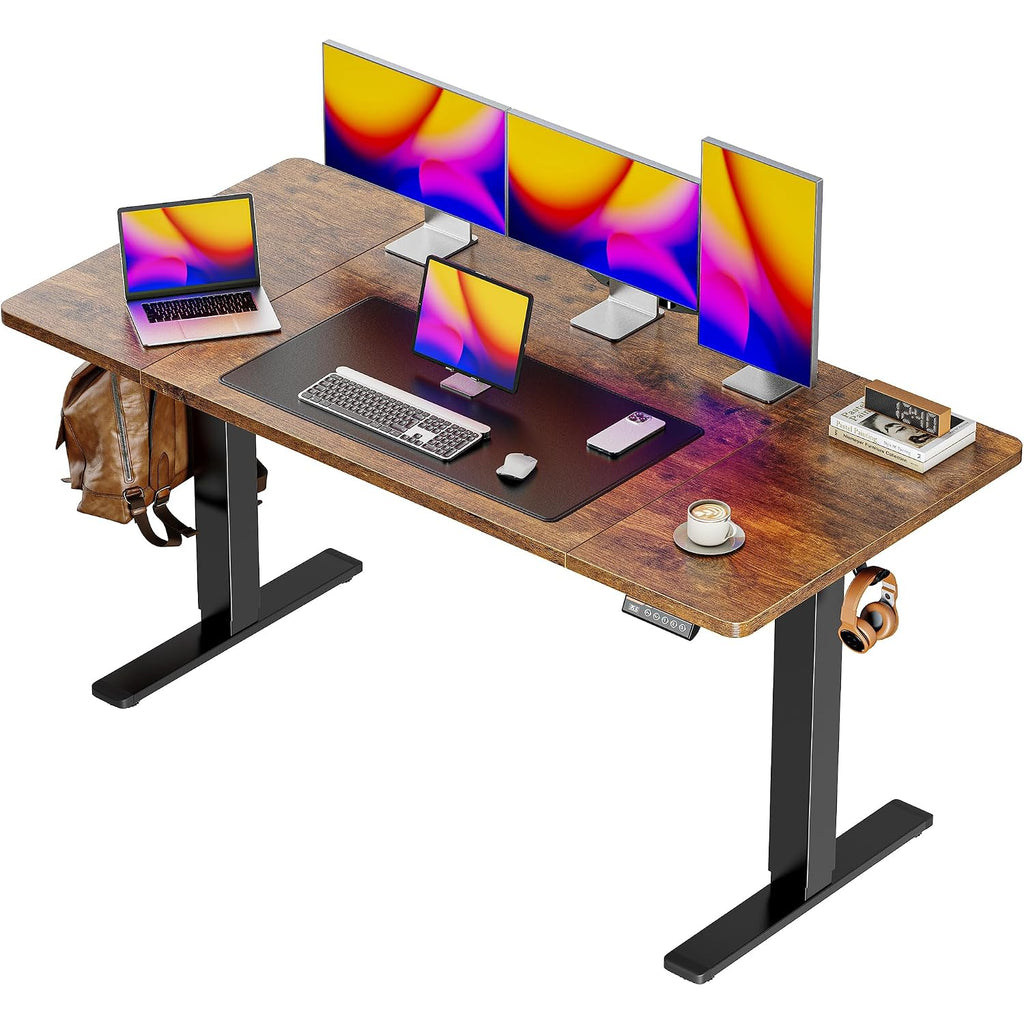 Huuger 55 X 28 Large Electric Standing Desk, Height Adjustable Computer Desk, 27.6" Deep Desktop, Stand Up Gaming Office Desk With 2 Hooks, 3 Preset Heights, For Home Office, Rustic Brown