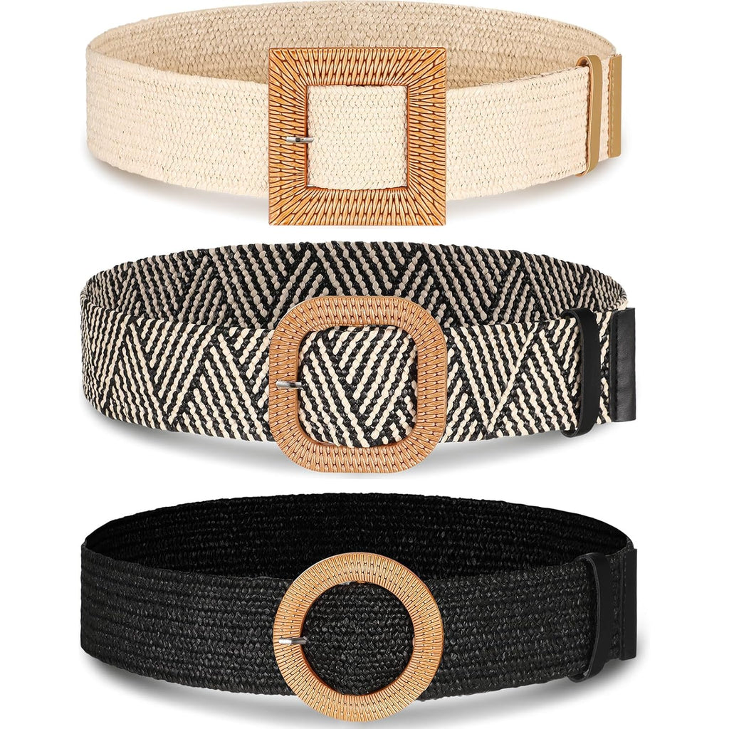 Syhood 3 Pieces Straw Woven Elastic Waist Belt for Women Bohemian Dress Braided Belt