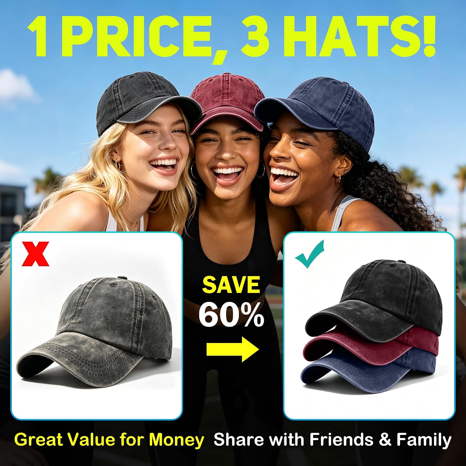 Womens Vintage Washed Distressed Baseball-Cap with Ponytail Hole Sport Golf Hat Black+green+khaki