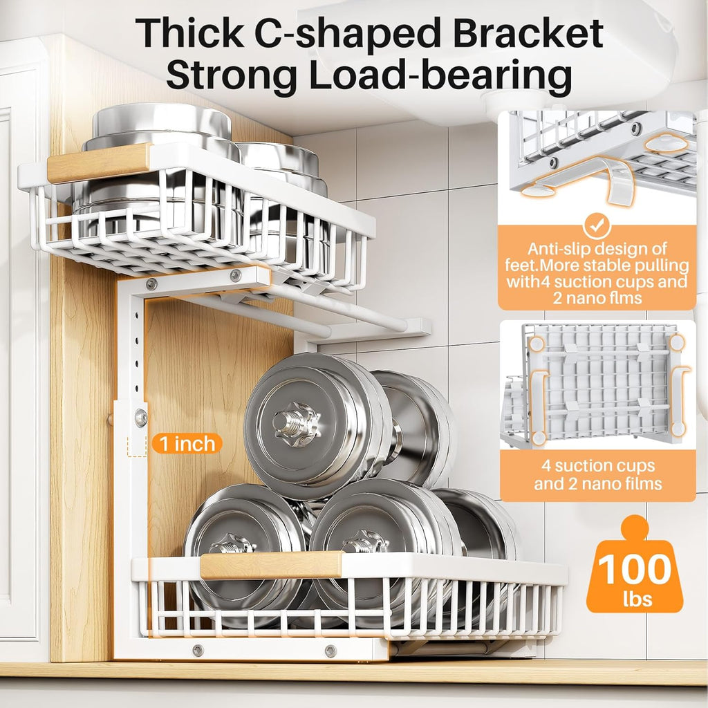 PXRACK Under Sink Organizer, Adjustable Height, 2 Tier Pull Out Under Cabinet Organizer, Slide Out Thickened Metal Under Sink Storage for Kitchen Bathroom Laundry Pantry Cabinet, White, Large-2-Pack