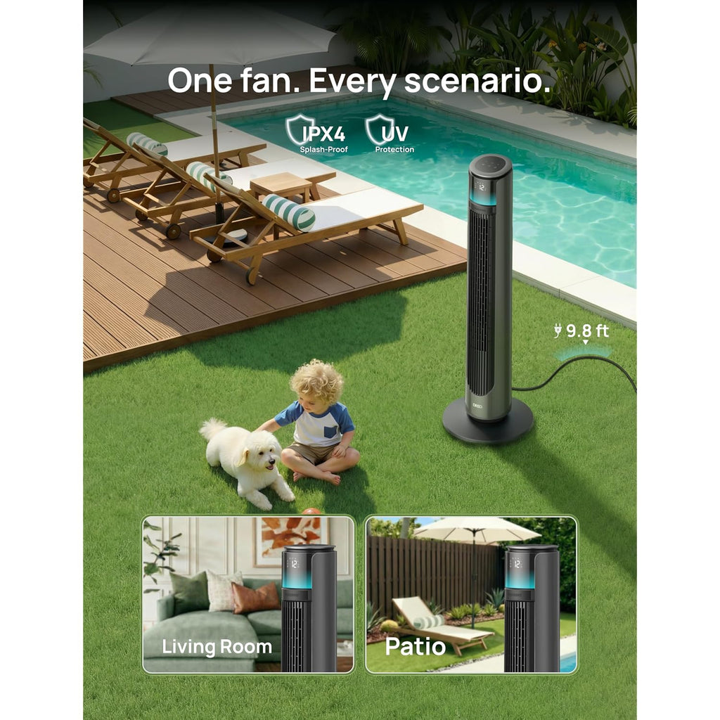 Dreo Smart Tower Fan For Indoor & Outdoor Use, 33 Ft/S High Velocity, 20 Db | 12 Speeds, 4 Modes, 150° Customizable Oscillating Floor Fan, Standing Fan For Bedroom, Weather Resistant, Dc Motor, Grey