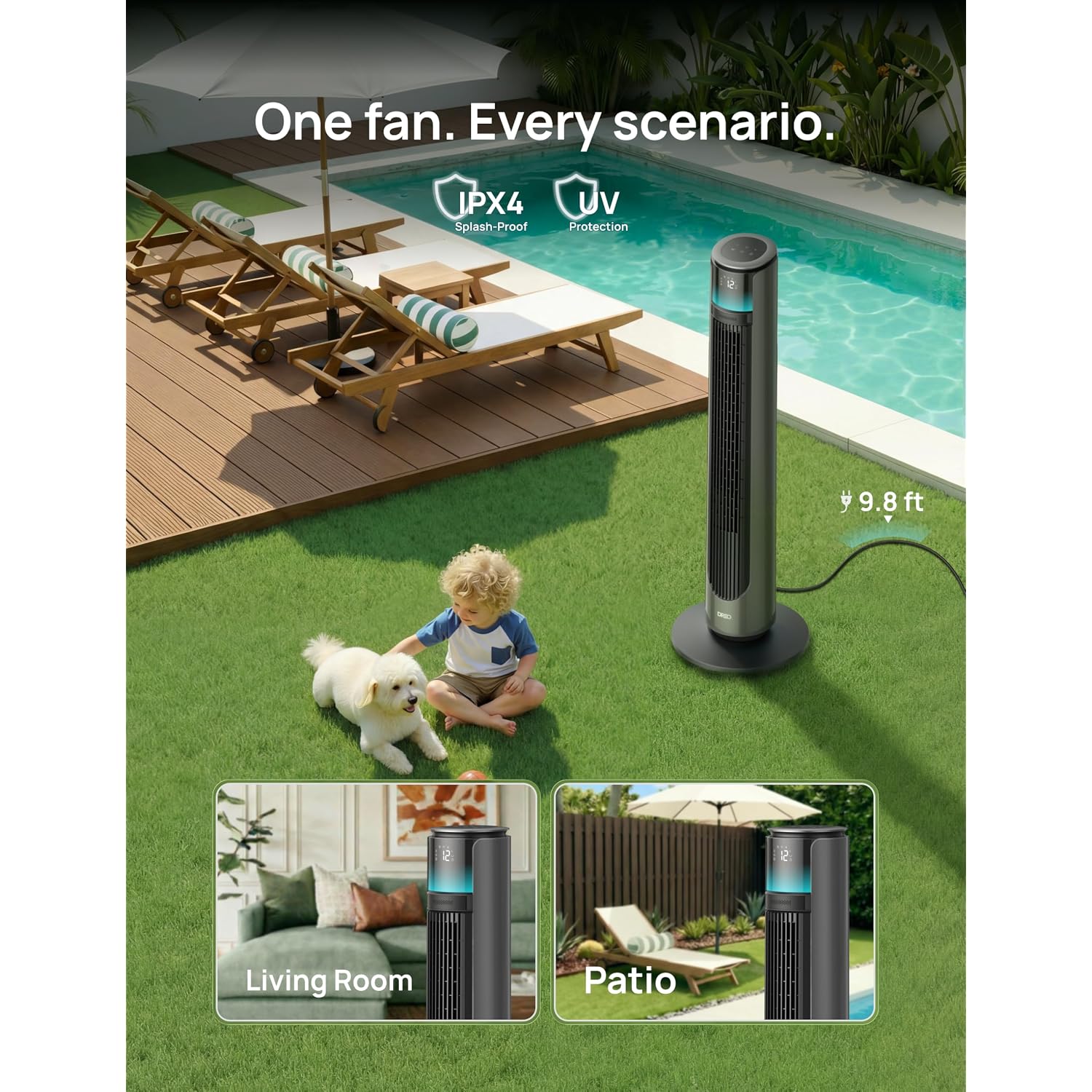 Dreo Smart Tower Fan For Indoor & Outdoor Use, 33 Ft/S High Velocity, 20 Db | 12 Speeds, 4 Modes, 150° Customizable Oscillating Floor Fan, Standing Fan For Bedroom, Weather Resistant, Dc Motor, Grey