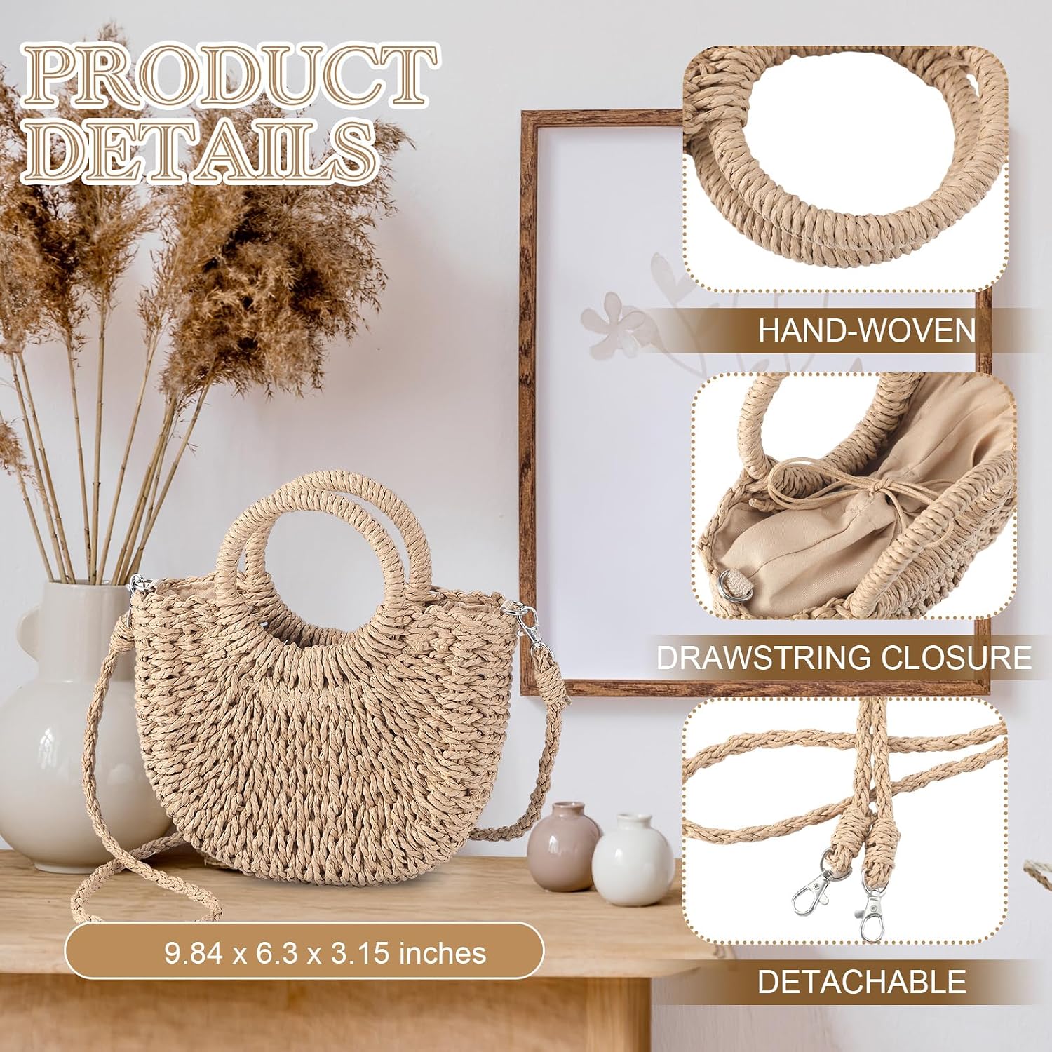 Straw Purses For Women Semi Circle Rattan Straw Purses Bulk With Handles For Women Wedding Guests Bridesmaid Gifts
