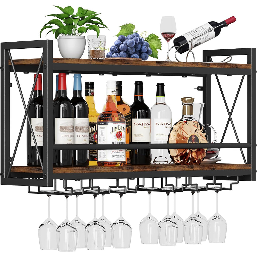 Homeiju Wall Mounted Wine Rack, Bottle & Glass Holder Wood-Metal Retro Wine Rack, Wine Bottles Display Wall Storage For Kitchen Dining Room Home Bar