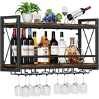 Homeiju Wall Mounted Wine Rack, Bottle & Glass Holder Wood-Metal Retro Wine Rack, Wine Bottles Display Wall Storage For Kitchen Dining Room Home Bar