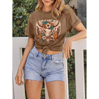 GEMLON Graphic T-Shirts for Women Loose Print Short Sleeve Tops Summer Casual Tees Shirt Brown Cow Skull